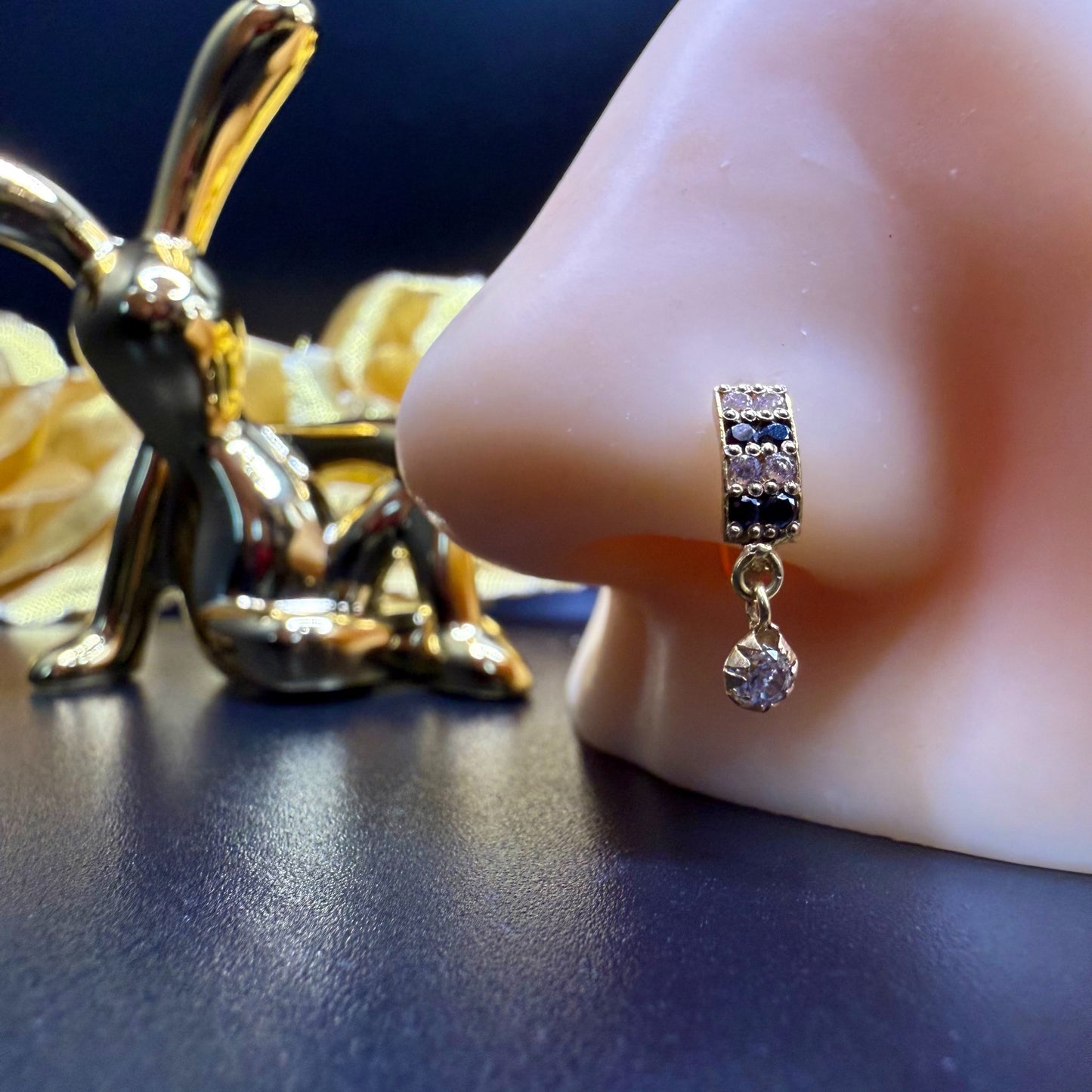 9ct Black and White Stone Nose Ring Double