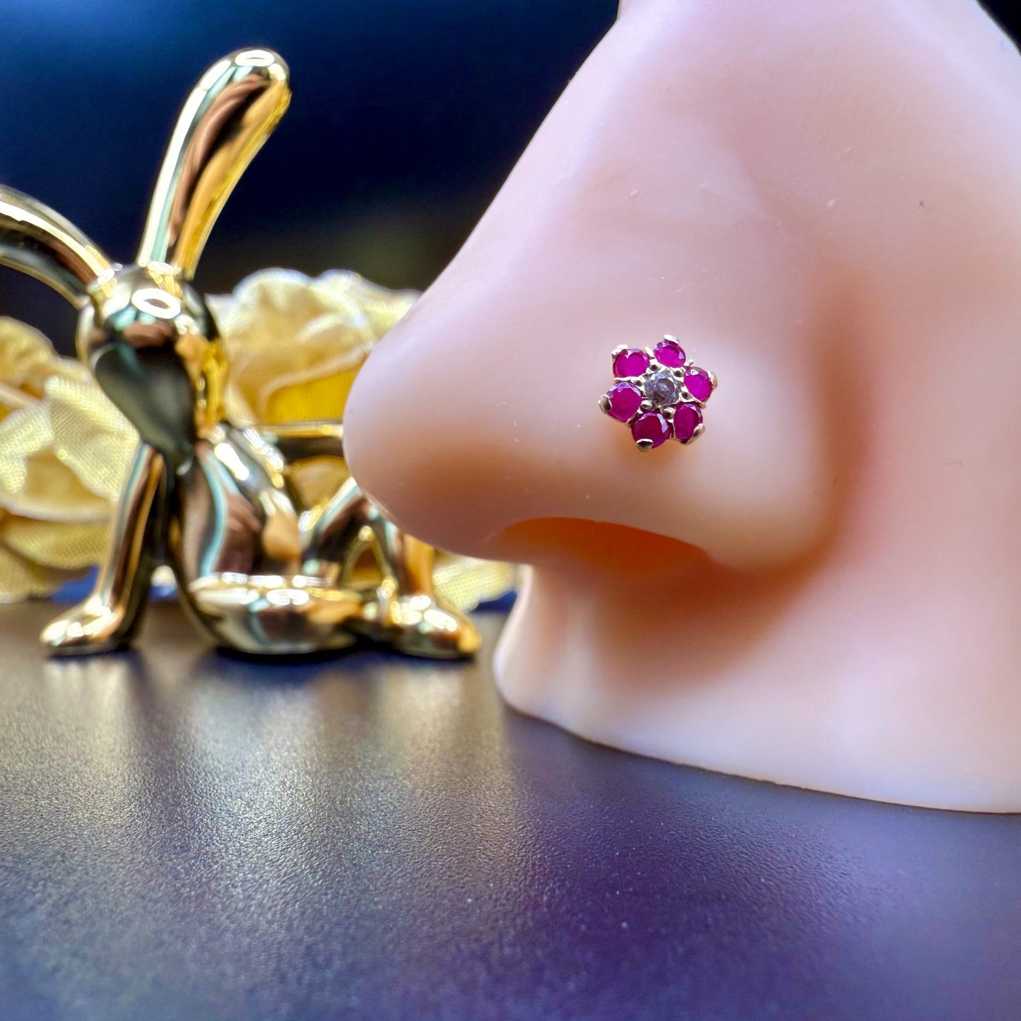9ct Gold 7 Stone Pink Flower Nose Stud